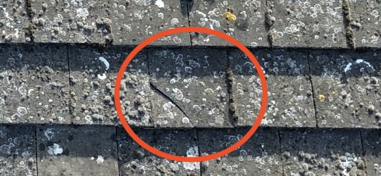 Aerial view of roof tiles with damaged areas highlighted in red